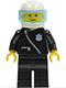 Minifig No: cop004  Name: Police - Zipper with Badge, Black Legs, White Helmet, Trans-Light Blue Visor
