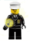 Minifig No: cop045  Name: Police - City Suit with Blue Tie and Badge, Black Legs, White Hat - with Light-Up Flashlight
