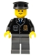Minifig No: cop050  Name: Police - City Suit with Blue Tie and Badge, Dark Bluish Gray Legs, Black Hat