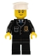 Minifig No: cty0005a  Name: Police - City Suit with Blue Tie and Badge, Black Legs, White Hat, Black Eyebrows, Thin Grin