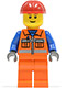 Minifig No: cty0014  Name: Construction Worker - Orange Zipper, Safety Stripes, Blue Arms, Orange Legs, Red Construction Helmet