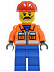 Minifig No: cty0016  Name: Construction Worker - Orange Zipper, Safety Stripes, Orange Arms, Blue Legs, Red Construction Helmet, Stubble