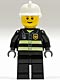Minifig No: cty0023  Name: Fire - Reflective Stripes, Black Legs, White Fire Helmet, Brown Eyebrows, Thin Grin