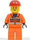 Minifig No: cty0031  Name: Construction Worker - Orange Zipper, Safety Stripes, Orange Arms, Orange Legs, Red Construction Helmet, Brown Eyebrows, Thin Grin