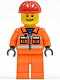 Minifig No: cty0034  Name: Construction Worker - Orange Zipper, Safety Stripes, Orange Arms, Orange Legs, Red Construction Helmet, Eyebrows, Thin Grin with Teeth