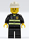 Minifig No: cty0090  Name: Fire - Reflective Stripes, Black Legs, White Fire Helmet, Thin Grin, Yellow Hands (Undetermined Eyebrows)