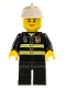 Minifig No: cty0090a  Name: Fire - Reflective Stripes, Black Legs, White Fire Helmet, Black Eyebrows, Thin Grin, Yellow Hands