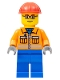 Minifig No: cty0110a  Name: Construction Worker - Orange Zipper, Safety Stripes, Orange Arms, Blue Legs, Red Construction Helmet, Red Eyebrows, Glasses