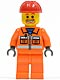 Minifig No: cty0111  Name: Construction Worker - Orange Zipper, Safety Stripes, Orange Arms, Orange Legs, Red Construction Helmet, Beard Around Mouth