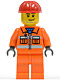 Minifig No: cty0113  Name: Construction Worker - Orange Zipper, Safety Stripes, Orange Arms, Orange Legs, Red Construction Helmet, Smirk and Stubble Beard