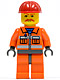 Minifig No: cty0124  Name: Construction Worker - Orange Zipper, Safety Stripes, Orange Arms, Orange Legs, Dark Bluish Gray Hips, Red Construction Helmet, Brown Moustache