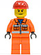 Minifig No: cty0137  Name: Construction Worker - Orange Zipper, Safety Stripes, Orange Arms, Orange Legs, Red Construction Helmet, Scowl
