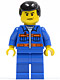Minifig No: cty0139  Name: Blue Jacket with Pockets and Orange Stripes, Blue Legs, Black Male Hair