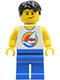 Minifig No: cty0144  Name: Surfboard on Ocean - Blue Legs, Black Short Tousled Hair, Crooked Smile