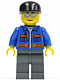 Minifig No: cty0150  Name: Blue Jacket with Pockets and Orange Stripes, Dark Bluish Gray Legs, Black Cap, Silver Sunglasses