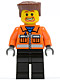 Minifig No: cty0154  Name: Construction Worker - Orange Zipper, Safety Stripes, Orange Arms, Black Legs, Reddish Brown Flat Top Hair, Beard Around Mouth