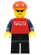 Minifig No: cty0175  Name: Red Shirt with 3 Silver Logos, Dark Blue Arms, Black Legs, Red Short Bill Cap, Glasses