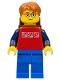 Minifig No: cty0180  Name: Red Shirt with 3 Silver Logos, Dark Blue Arms, Blue Legs, Dark Orange Short Tousled Hair, Brown Eyebrows, Backpack