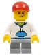 Minifig No: cty0184  Name: White Hoodie with Blue Pockets, Light Bluish Gray Short Legs, Red Short Bill Cap