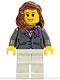 Minifig No: cty0187  Name: Dark Bluish Gray Jacket with Magenta Scarf, White Legs, Reddish Brown Female Hair over Shoulder