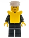 Minifig No: cty0205  Name: Police - City Suit with Blue Tie and Badge, Black Legs, Vertical Cheek Lines, White Hat, Life Jacket
