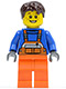 Minifig No: cty0215  Name: Overalls with Safety Stripe Orange, Orange Legs, Dark Brown Tousled Hair, Open Grin and Freckles