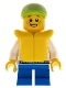 Minifig No: cty0229  Name: Child - Boy, White Hoodie with Medium Blue Pocket, Blue Short Legs, Lime Cap, Freckles, Yellow Life Jacket