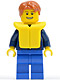 Minifig No: cty0232  Name: Plaid Button Shirt, Blue Legs, Dark Orange Short Tousled Hair, Yellow Life Jacket, Thin Grin with Teeth