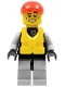 Minifig No: cty0236a  Name: Lifeguard - Leather Jacket with Zipper, Red Lines and Logo Pattern, Life Jacket Center Buckle, Red Short Bill Cap