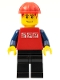 Minifig No: cty0244  Name: Red Shirt with 3 Silver Logos, Dark Blue Arms, Black Legs, Messy Red Hair, Red Construction Helmet