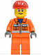 Minifig No: cty0246  Name: Construction Worker - Orange Zipper, Safety Stripes, Orange Arms, Orange Legs, Red Construction Helmet, Glasses with Gray Side Frames (Crane Operator)