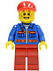 Minifig No: cty0248  Name: Blue Jacket with Pockets and Orange Stripes, Red Legs, Red Short Bill Cap