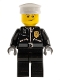 Minifig No: cty0256  Name: Police - City Leather Jacket with Gold Badge and 'POLICE' on Back, White Hat, Lopsided Smile