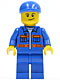 Minifig No: cty0258  Name: Blue Jacket with Pockets and Orange Stripes, Blue Legs, Blue Short Bill Cap, Crooked Smile