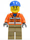 Minifig No: cty0293  Name: Construction Worker - Orange Zipper, Safety Stripes, Orange Arms, Dark Tan Legs, Blue Short Bill Cap