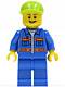 Minifig No: cty0295  Name: Blue Jacket with Pockets and Orange Stripes, Blue Legs, Lime Short Bill Cap, Open Grin