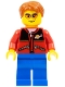 Minifig No: cty0308  Name: Red Jacket with Zipper Pockets and Classic Space Logo, Blue Legs, Dark Orange Short Tousled Hair, Orange Sunglasses