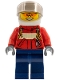Minifig No: cty0323  Name: Fire - Pilot Male, Red Fire Suit with Carabiner, Dark Blue Legs, White Helmet, Trans-Brown Visor, Orange Safety Glasses