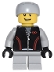 Minifig No: cty0332  Name: Leather Jacket with Zipper, Red Lines and Logo Pattern, Light Bluish Gray Short Legs, Light Bluish Gray Sports Helmet