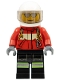 Minifig No: cty0349  Name: Fire - Pilot Male, Red Fire Suit with Carabiner, Reflective Stripes on Black Legs, White Helmet, Silver Sunglasses