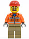 Minifig No: cty0366  Name: Construction Worker - Orange Zipper, Safety Stripes, Orange Arms, Dark Tan Legs, Red Construction Helmet, Safety Goggles