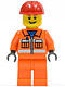 Minifig No: cty0368  Name: Construction Worker - Orange Zipper, Safety Stripes, Orange Arms, Orange Legs, Red Construction Helmet, Open Grin