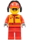 Minifig No: cty0386  Name: Monster Truck Mechanic, Racing Suit with Airborne Spoilers Logo, Red Cap with Hole, Headphones, Black and Silver Sunglasses