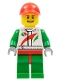 Minifig No: cty0390  Name: Race Car Mechanic, White Race Suit with Octan Logo, Red Cap with Hole, Brown Eyebrows, Thin Grin with Teeth