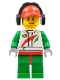 Minifig No: cty0391  Name: Race Car Mechanic, White Racing Suit with Octan Logo, Red Cap with Hole, Headphones, Smirk and Stubble Beard