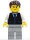 Minifig No: cty0395  Name: Black Vest with Blue Striped Tie, Light Bluish Gray Legs, White Arms, Dark Brown Short Tousled Hair, Crooked Smile