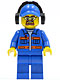 Minifig No: cty0401  Name: Blue Jacket with Pockets and Orange Stripes, Blue Legs, Blue Cap with Hole, Headphones, Safety Goggles