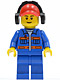 Minifig No: cty0420  Name: Blue Jacket with Pockets and Orange Stripes, Blue Legs, Red Cap with Hole, Headphones