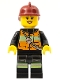 Minifig No: cty0434  Name: Fire - Reflective Stripe Vest with Pockets and Shoulder Strap, Dark Red Fire Helmet, Black Eyebrows