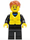 Minifig No: cty0469  Name: Wetsuit with Blue Sign, Black Legs, Dark Orange Short Tousled Hair, Life Jacket Center Buckle, Open Grin